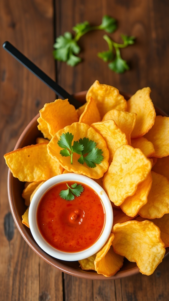 Crispy potato chips with a spicy dipping sauce on a wooden table.